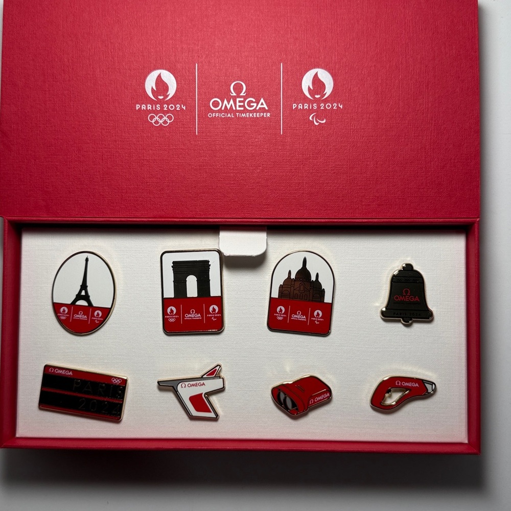 Omega Red Paris 2024 Commemorative Olympic Games Pin Badge Set - Picture 2 of 2